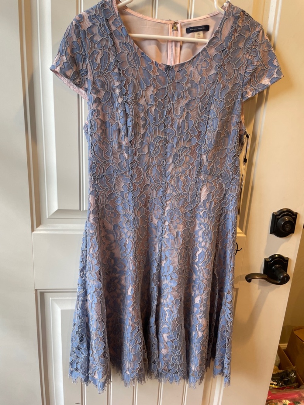 Tommy Hilfiger Lace Fit-and-Flare Dress in Dusty Blue and Blush size 12